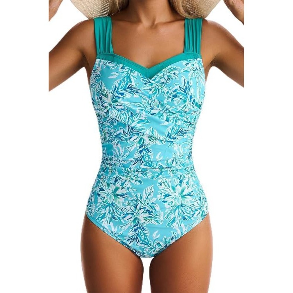 Tummy Control One Piece Swimsuit Blue Floral Ruched Wide Straps Medium